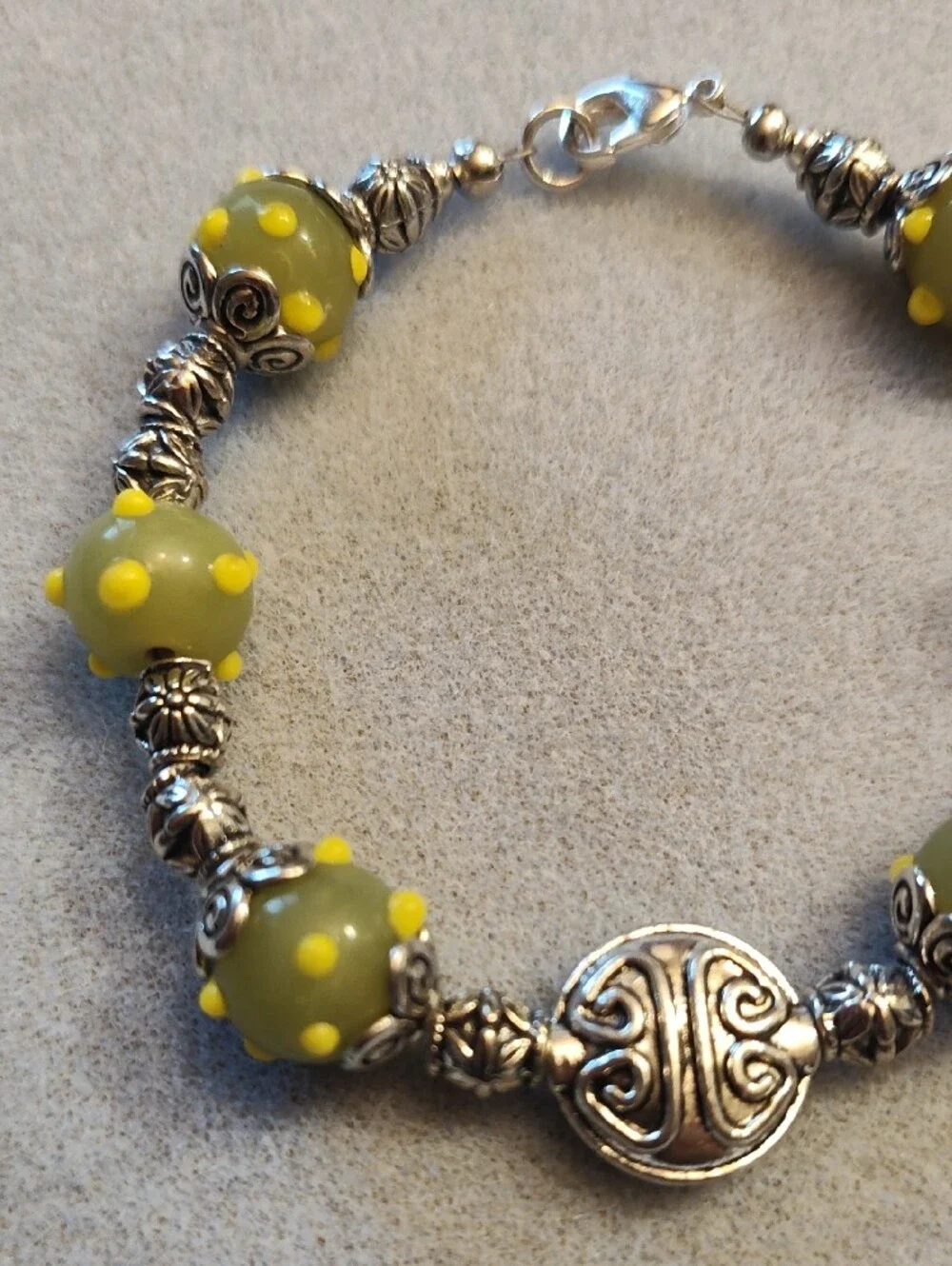 Handcrafted Green With Yellow Polka-Dot Lamp Work Bead Bracelet